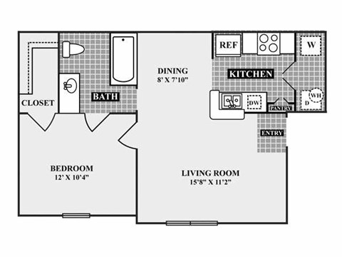A floor plan of a small apartment with a bedroom, living room, kitchen, and bathroom.